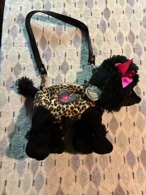 Black Plush Poodle Handbag with Leopard Print and Pink Bow